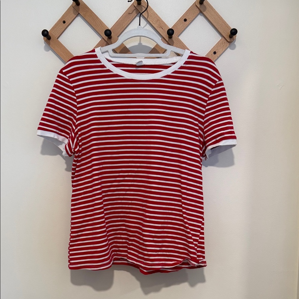 Amazon Red and White Striped Short Sleeve Tee